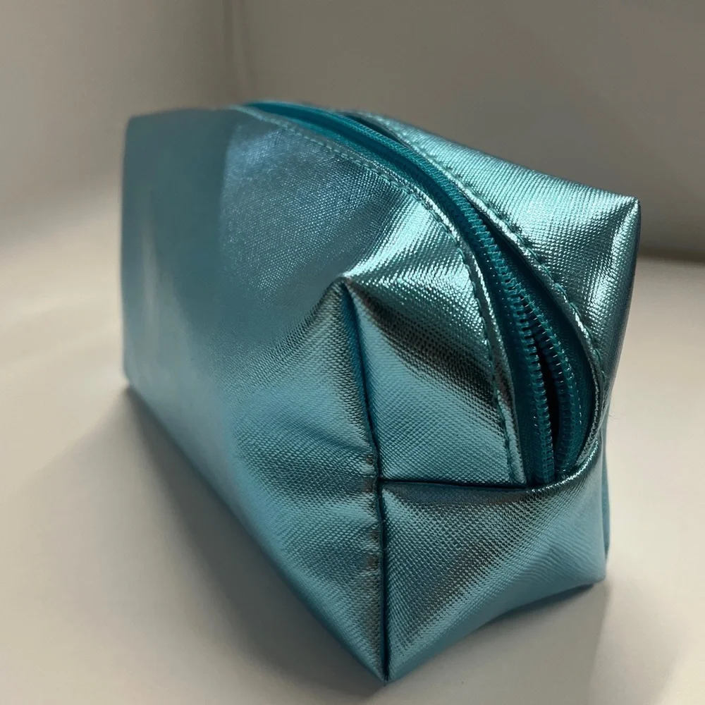 Sunday Riley Teal Vegan Metallic Leather Zip Top Cosmetic Clutch